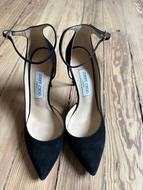 Jimmy Choo Black Suede Pointed Ankle-Strap Pumps Size 8.5 /38.5